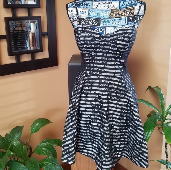 2B Bebe Dresses & Skirts - 2B BEBE BLACK & WHITE LACE STRIPED/FLORAL DRESS!